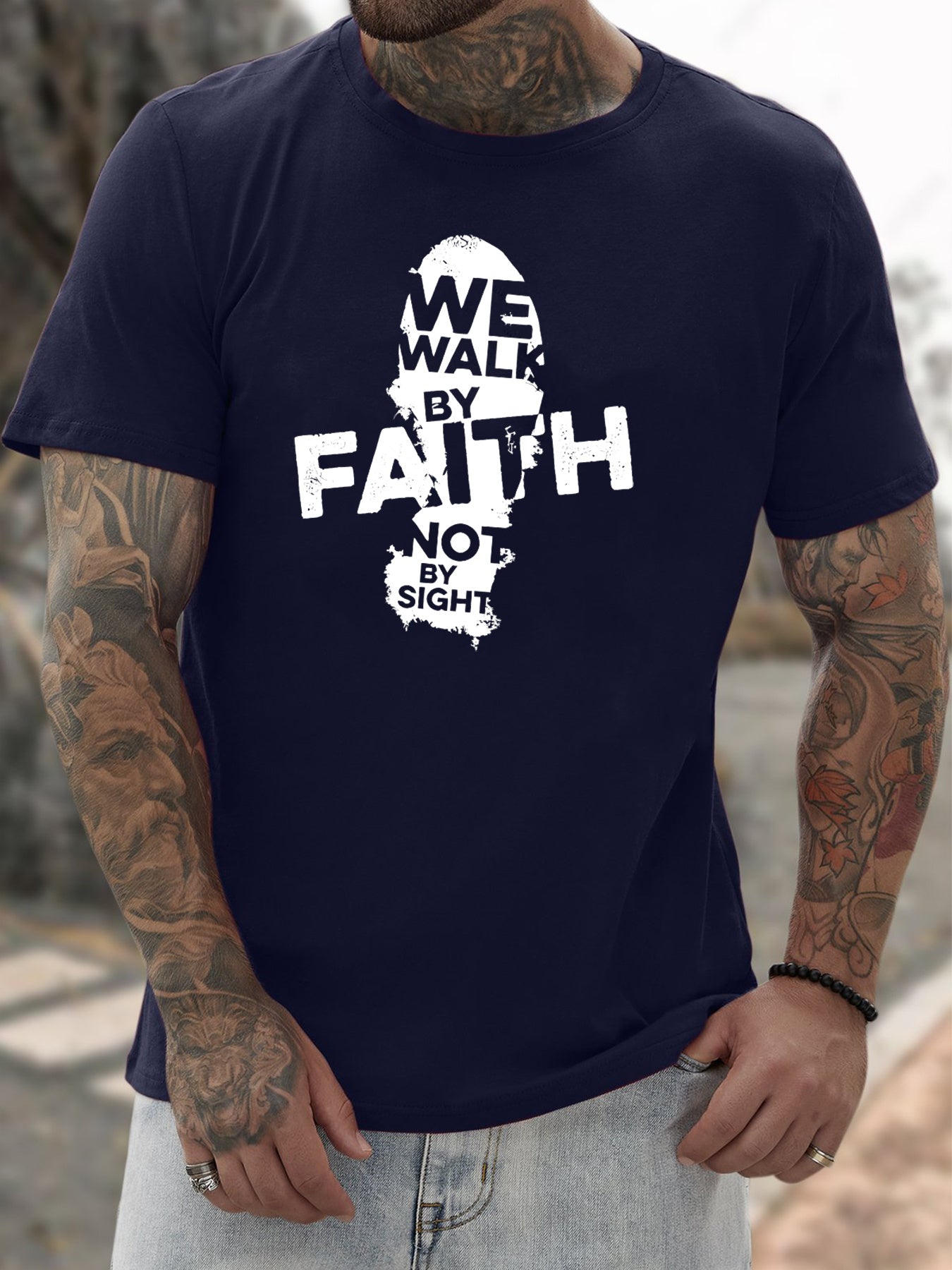 Walk By Faith (footprint 2) Men's Christian T-shirt claimedbygoddesigns