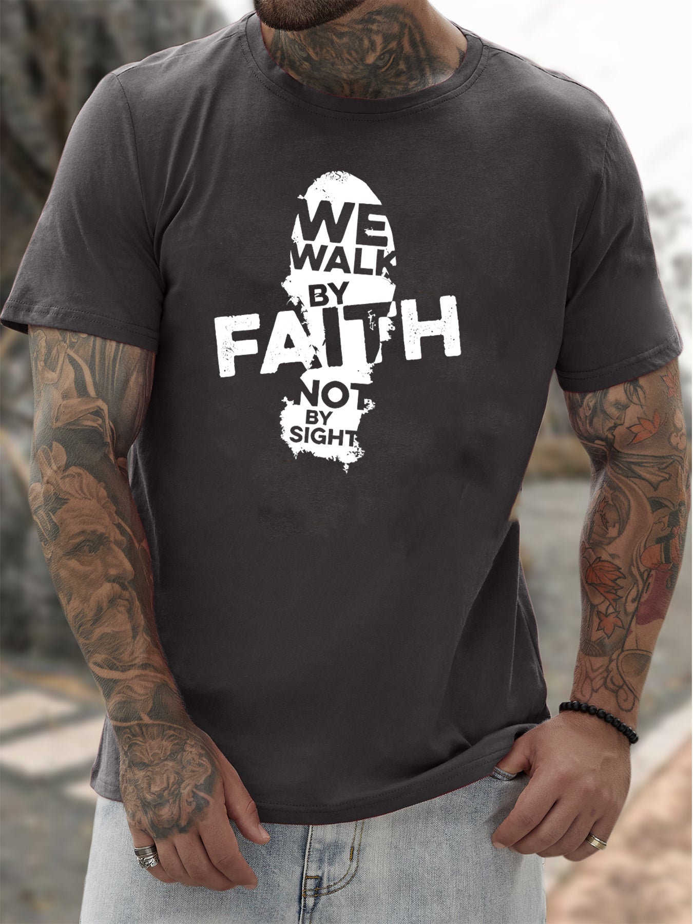 Walk By Faith (footprint 2) Men's Christian T-shirt claimedbygoddesigns