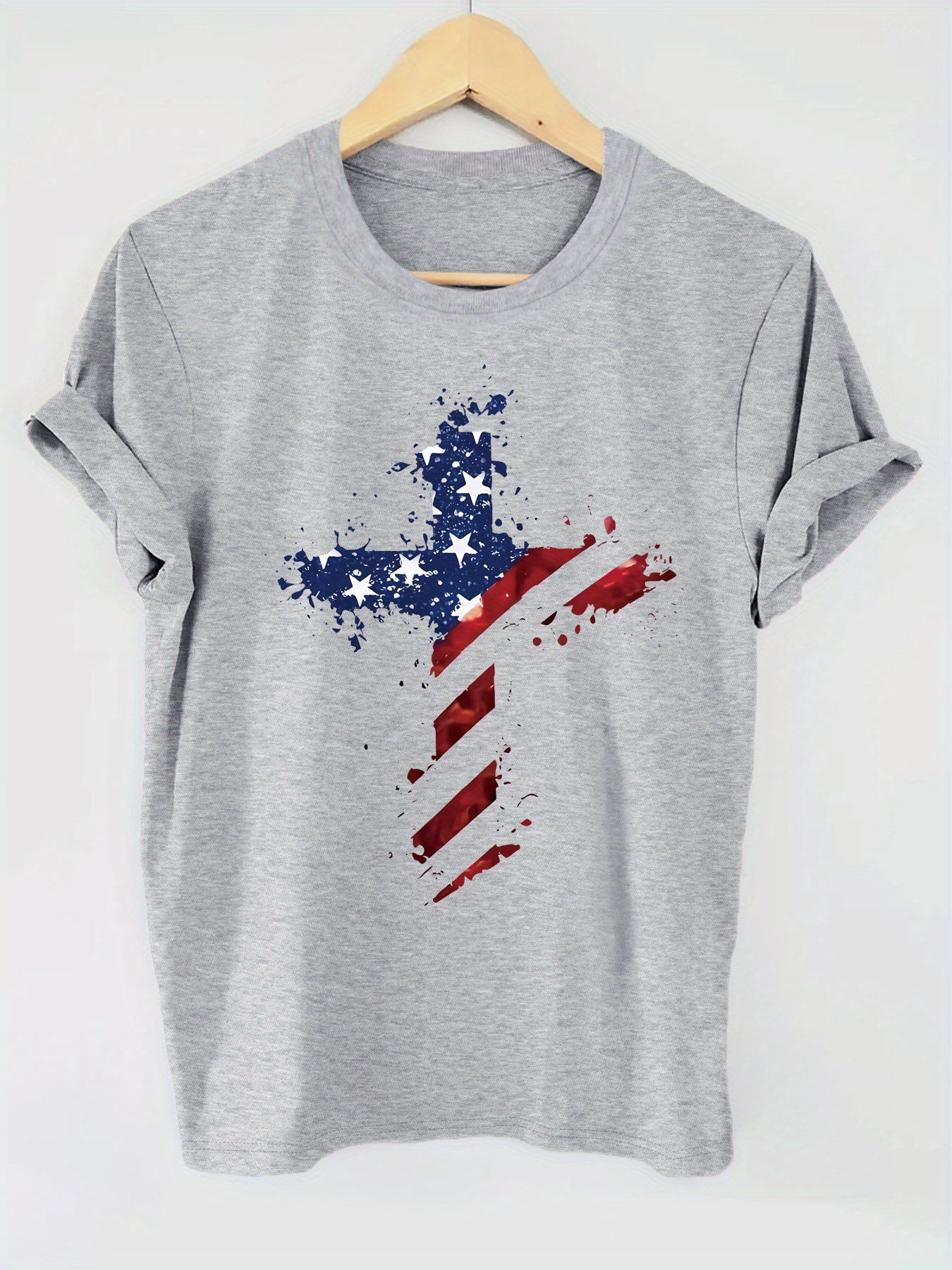 Patriotic American Flag Cross Women's Christian T-shirt claimedbygoddesigns