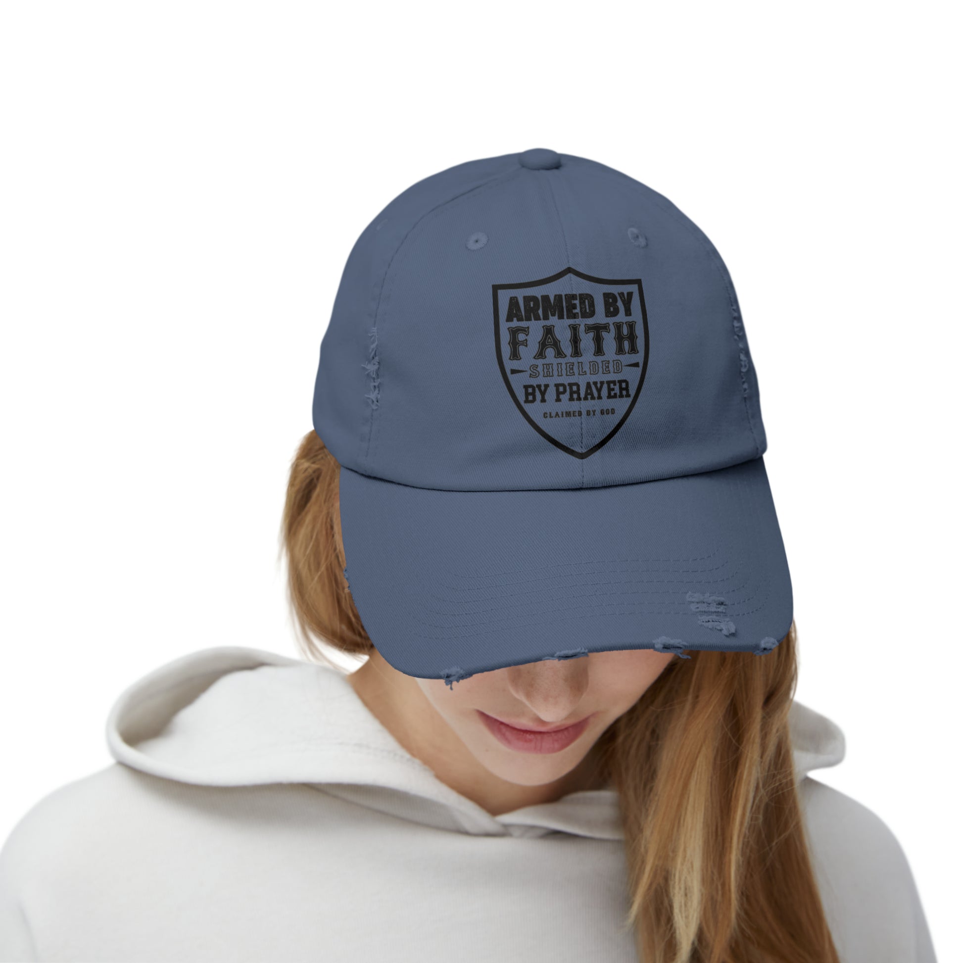 Armed By Faith Shielded By Prayer Unisex Christian Distressed Hat Printify