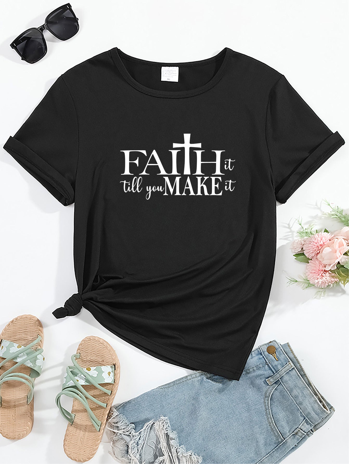 Faith Letter & Cross Graphic Crew Neck Sports Tee, Workout Short Sleeves Running Tops, Women's Activewear claimedbygoddesigns