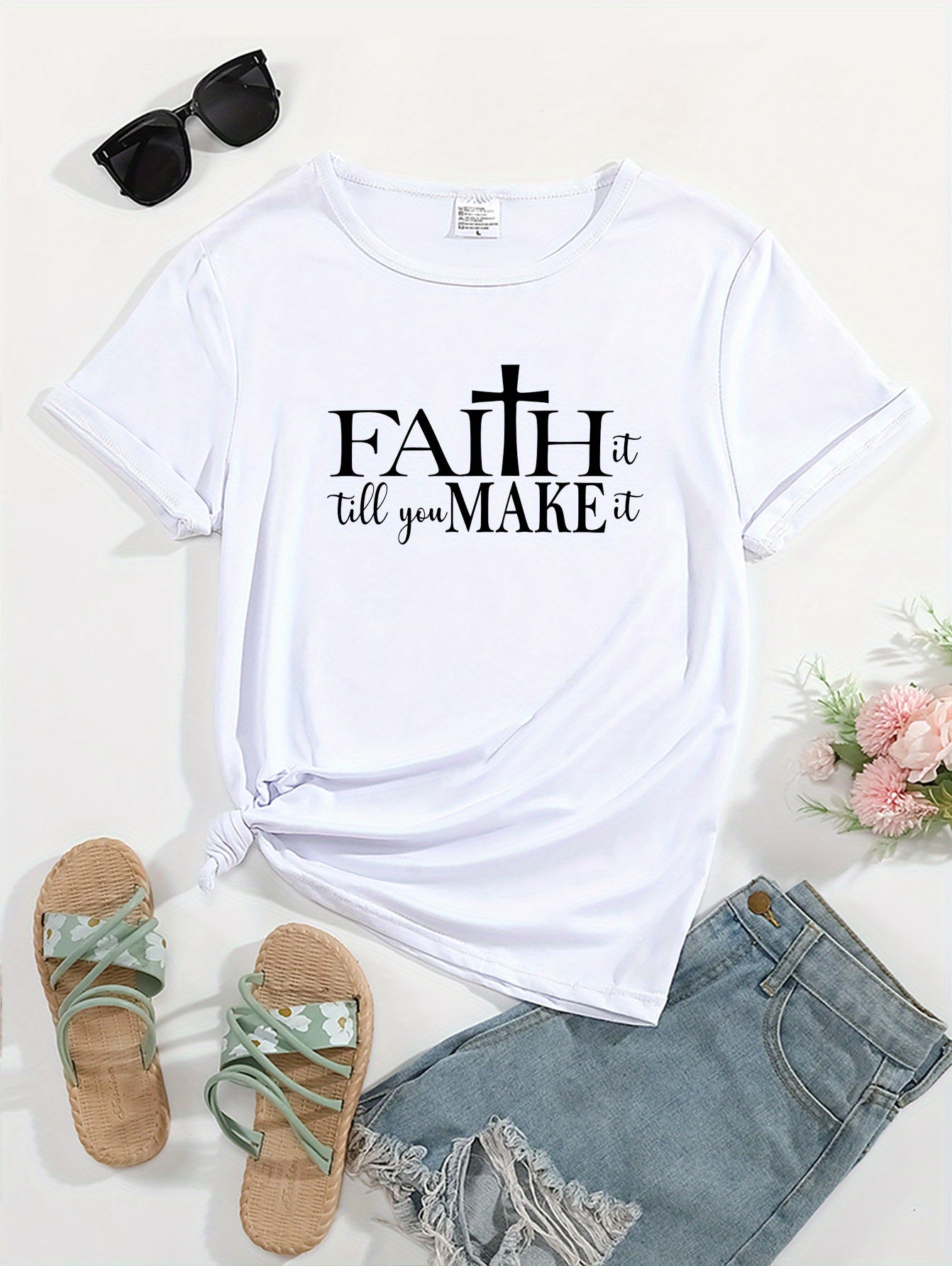 Faith Letter & Cross Graphic Crew Neck Sports Tee, Workout Short Sleeves Running Tops, Women's Activewear claimedbygoddesigns