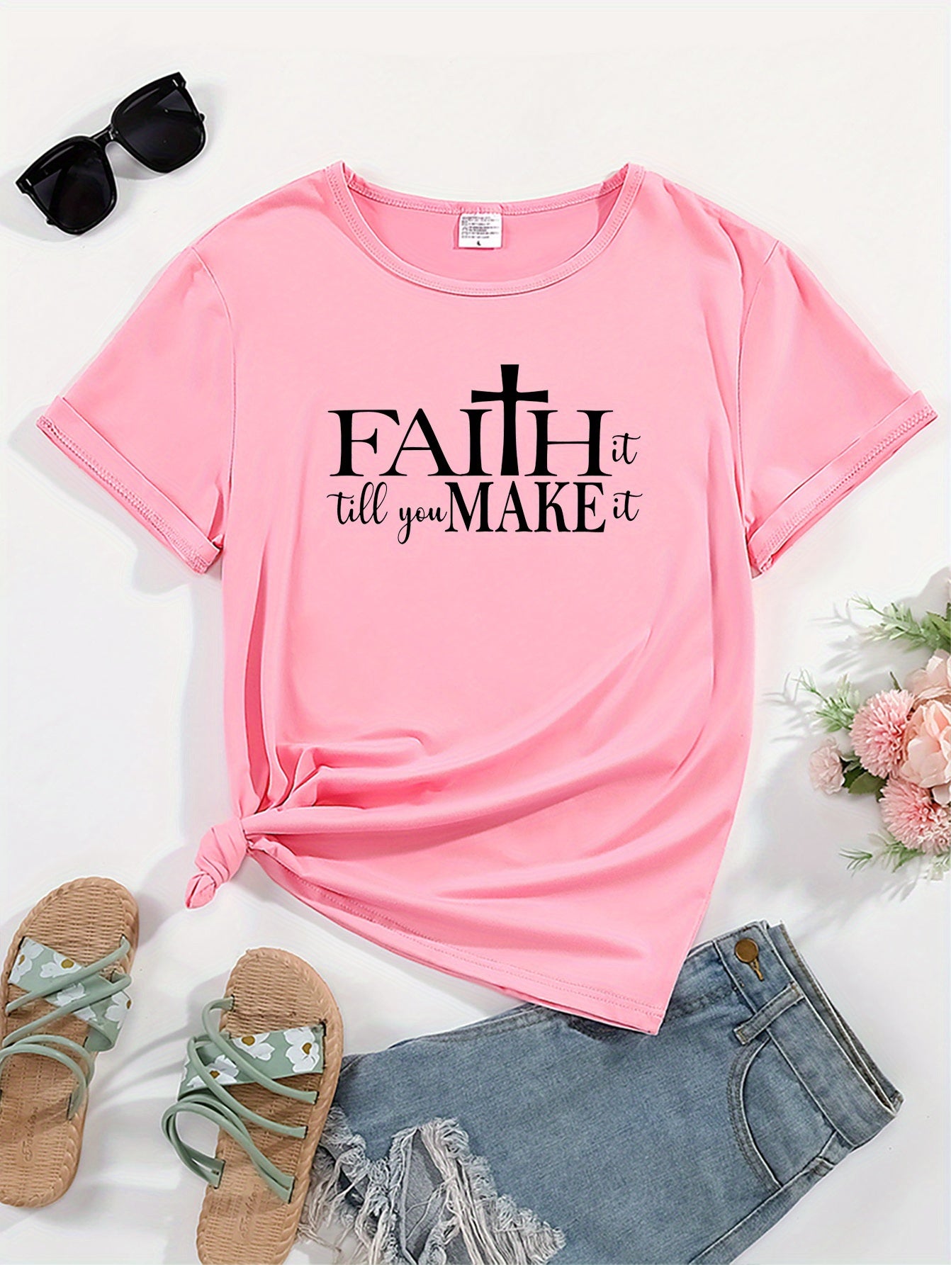 Faith Letter & Cross Graphic Crew Neck Sports Tee, Workout Short Sleeves Running Tops, Women's Activewear claimedbygoddesigns