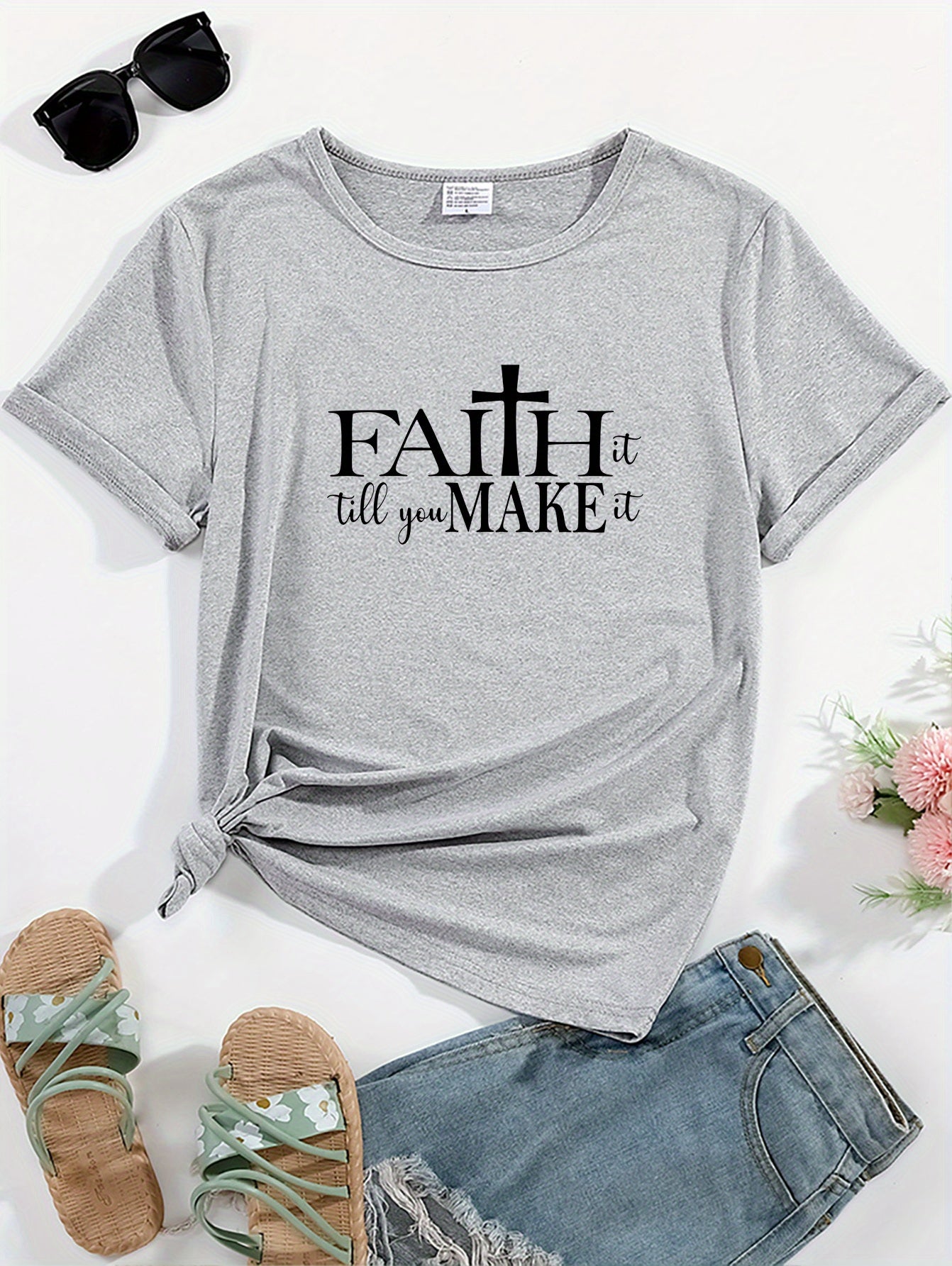 Faith Letter & Cross Graphic Crew Neck Sports Tee, Workout Short Sleeves Running Tops, Women's Activewear claimedbygoddesigns