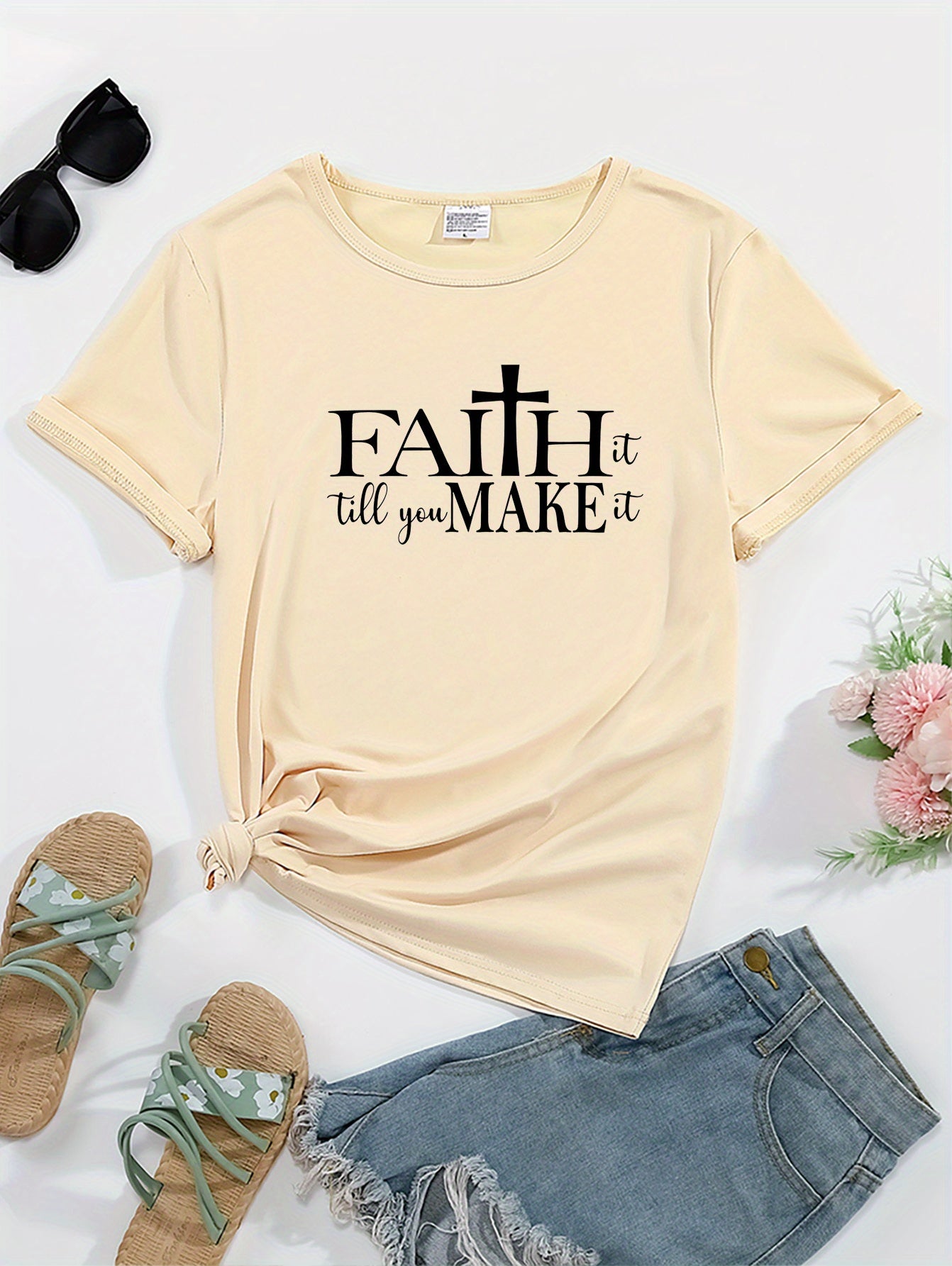 Faith Letter & Cross Graphic Crew Neck Sports Tee, Workout Short Sleeves Running Tops, Women's Activewear claimedbygoddesigns