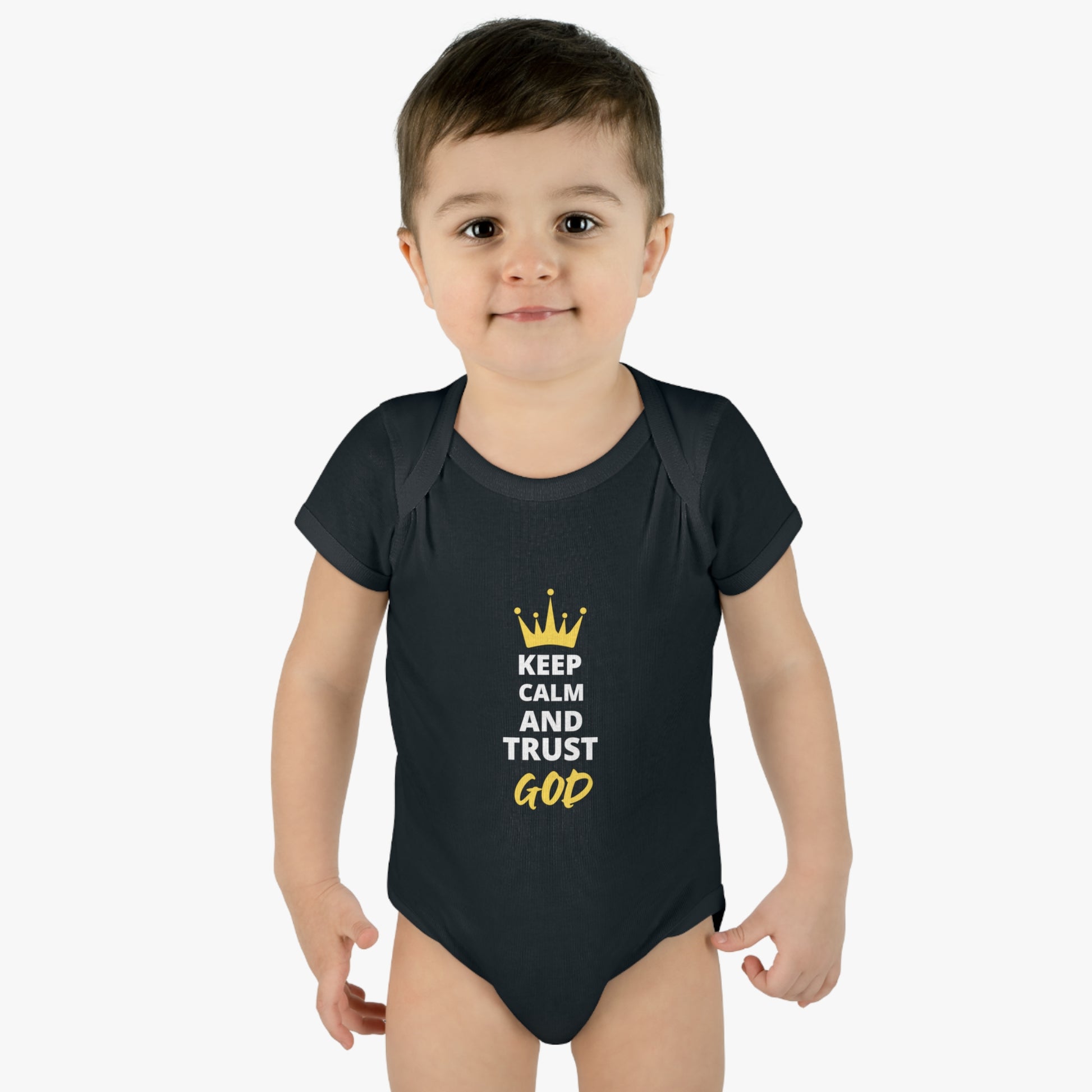 Keep Calm & Trust God Christian Baby Onesie Printify