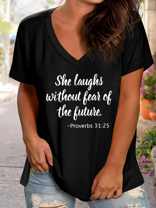 Proverbs 31:25 She Laughs Without Fear Of The Future Plus Size Women's Christian V Neck T-Shirt claimedbygoddesigns