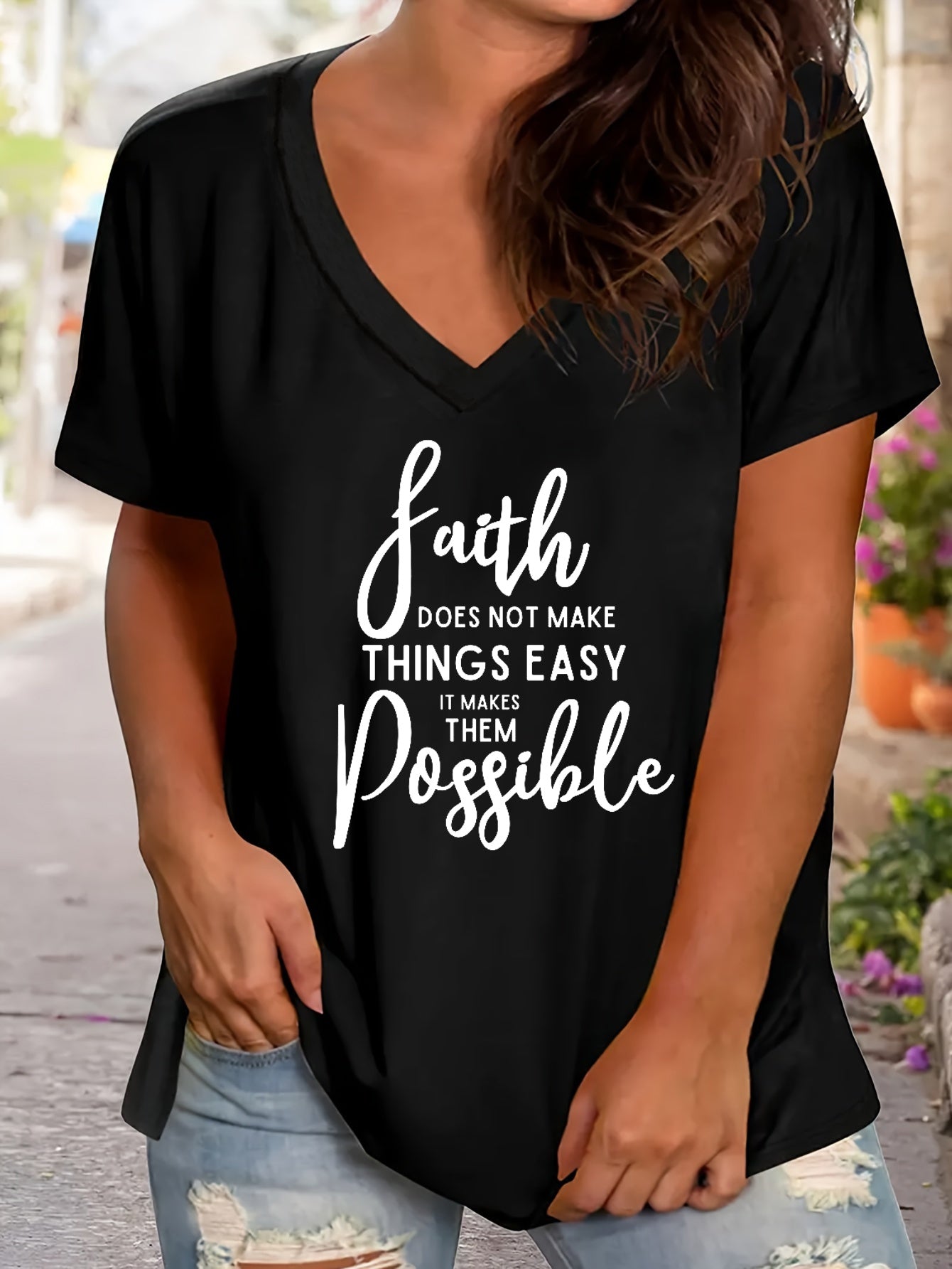 Faith Makes Things Possible Plus Size Women's Christian V Neck T-Shirt claimedbygoddesigns