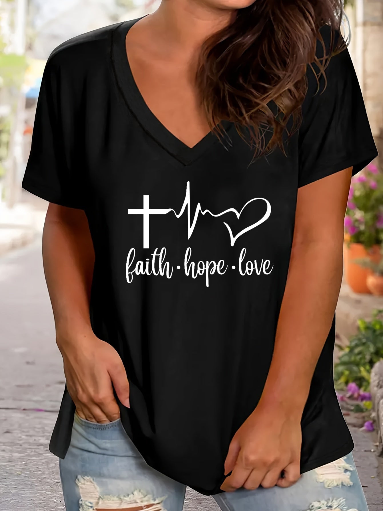 Faith Hope Love Plus Size Women's Christian V Neck T-Shirt claimedbygoddesigns