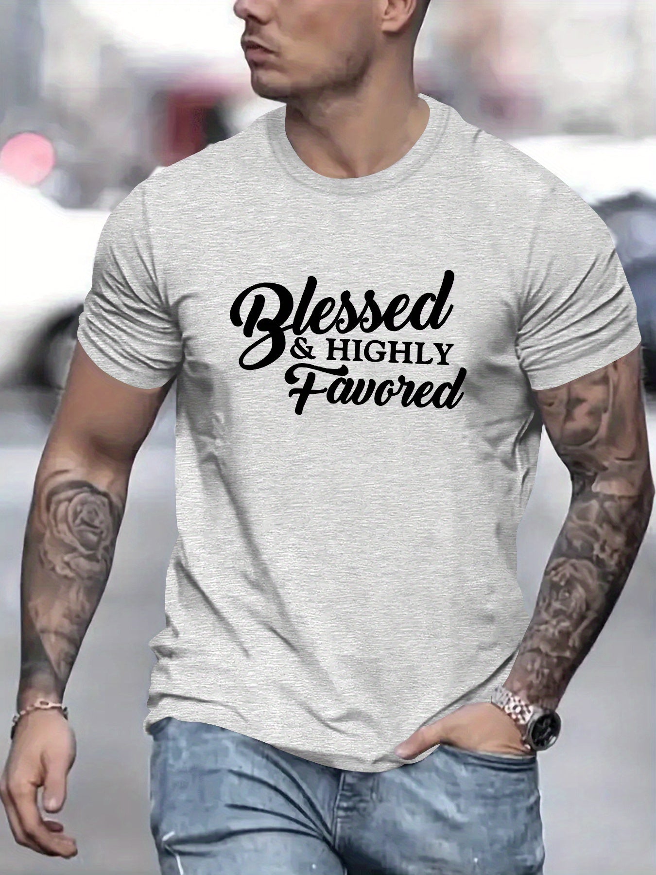 Blessed and Highly Favored Christian Men's T-shirt claimedbygoddesigns