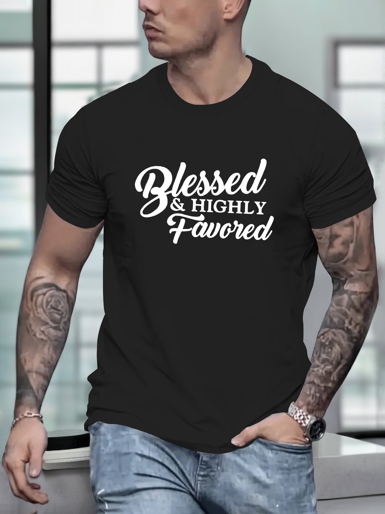 Blessed and Highly Favored Christian Men's T-shirt claimedbygoddesigns