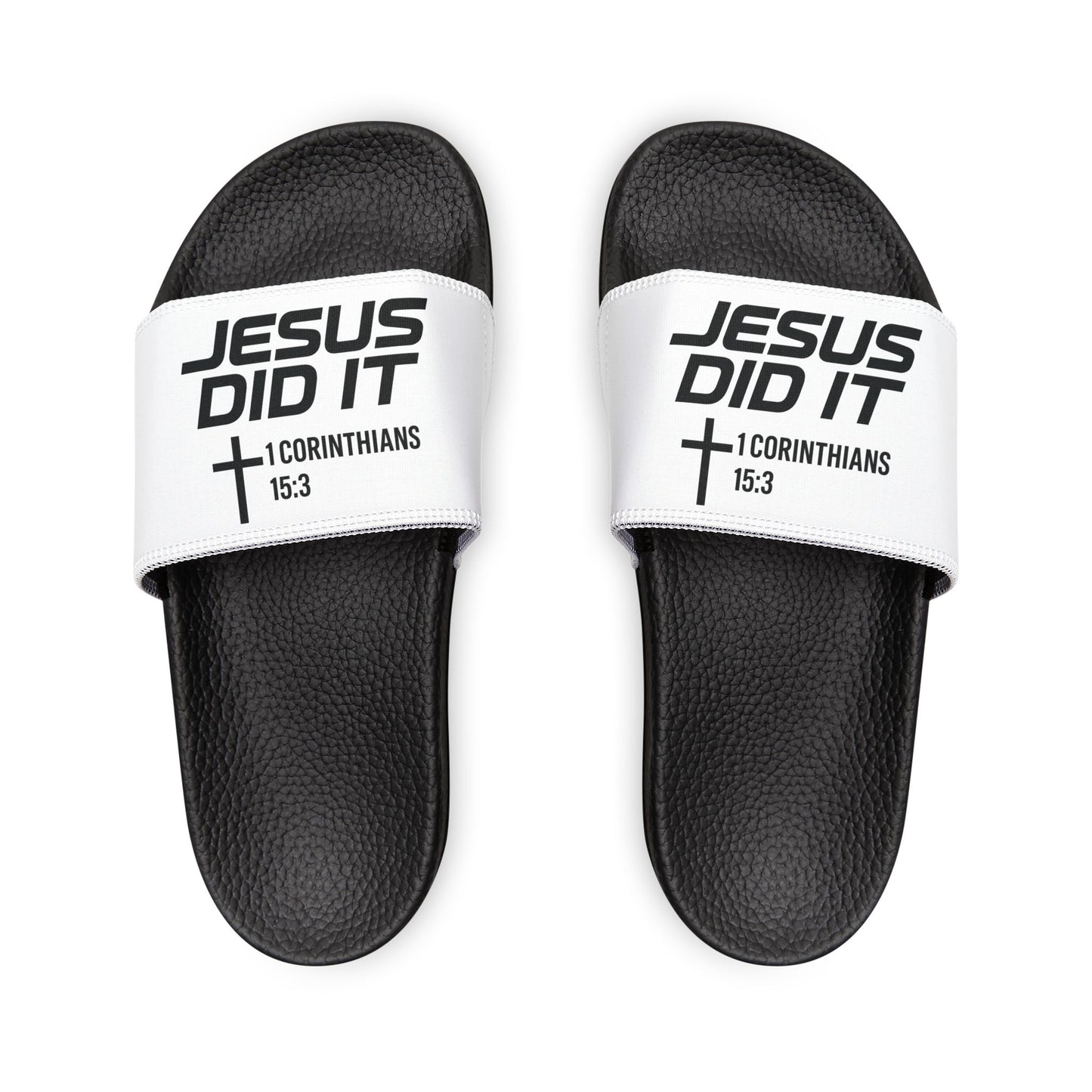 Youth 'He Did It' Christian Slide Sandals — 1 Corinthians 15:3 Faith Slides