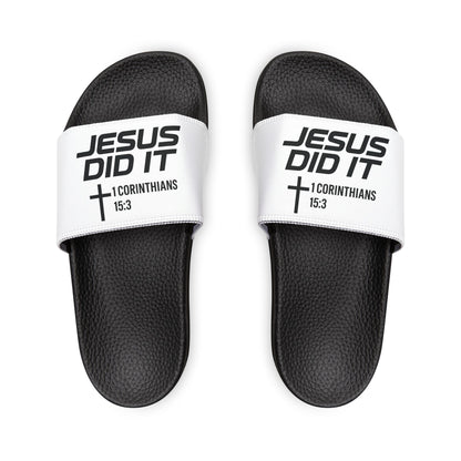 Youth 'He Did It' Christian Slide Sandals — 1 Corinthians 15:3 Faith Slides