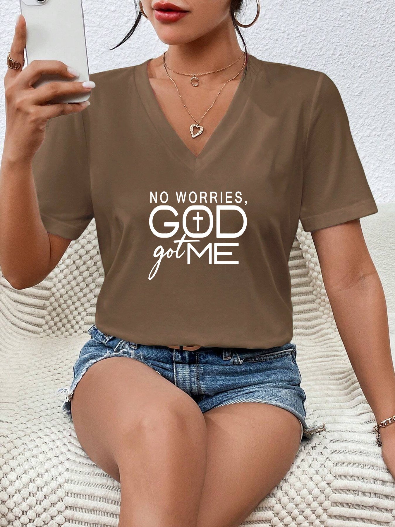 No Worries God Got Me V Neck Women's Christian T-shirt claimedbygoddesigns