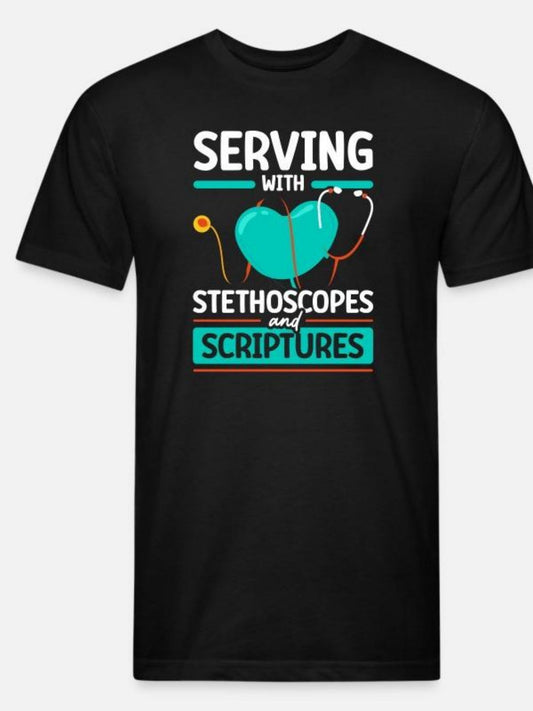 Serving With Stethoscopes And Scriptures Men's Christian T-shirt claimedbygoddesigns