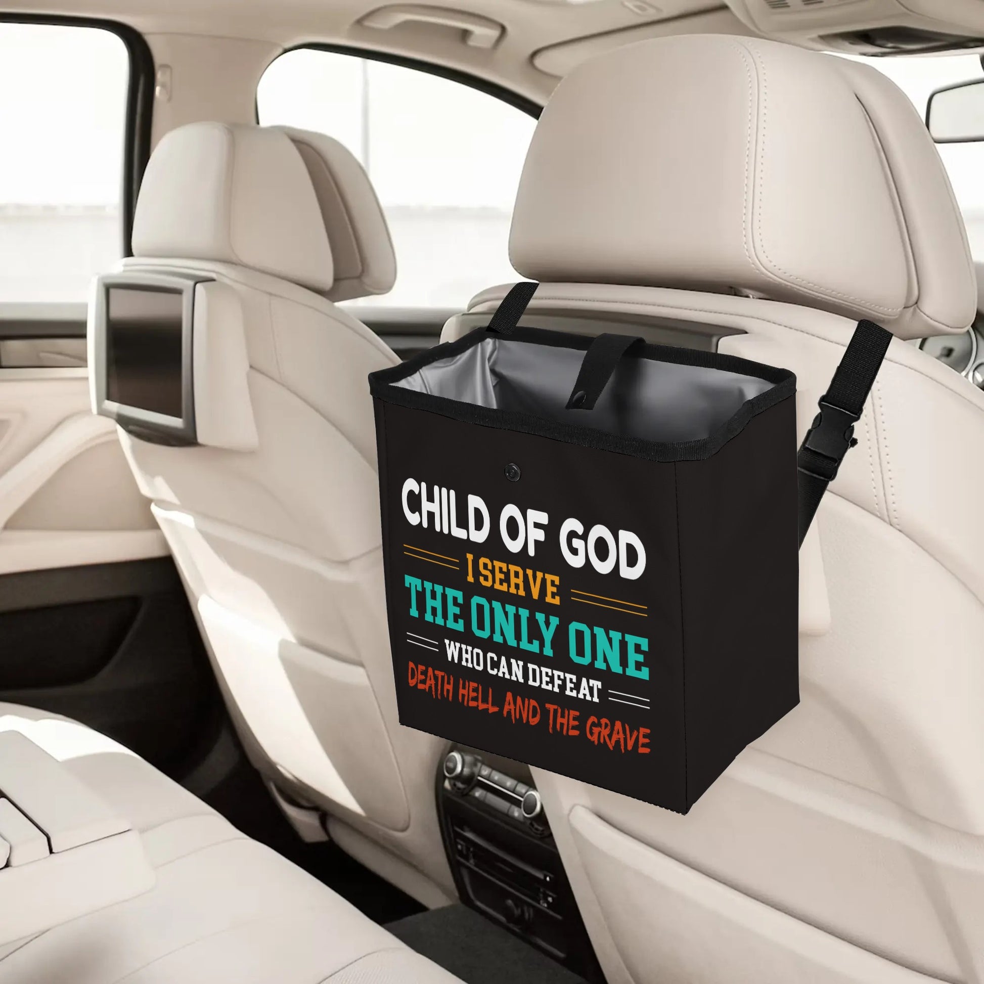 Child Of God I Serve The Only One Who Can Defeat Death Hell & The Grave Hanging Storage Trash Car Organizer Bag Christian Car Accessories popcustoms