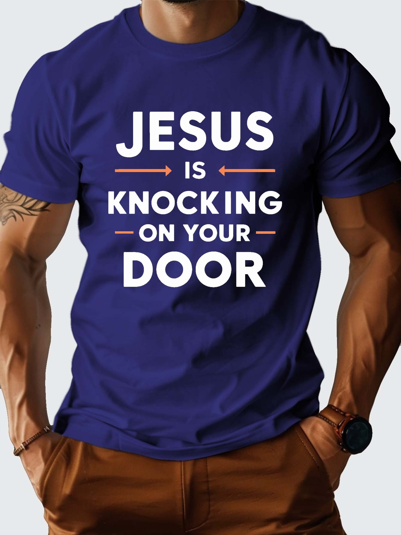 Jesus is knocking on your door Men's Christian T-shirt claimedbygoddesigns