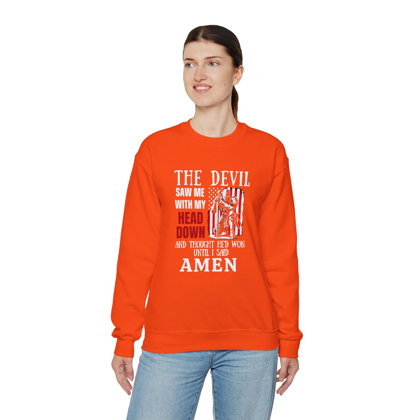 The Devil Saw Me With My Head Down And Thought He'd Won Until I Said Amen American Patriotic Flag Unisex Heavy Blend™ Crewneck Christian Sweatshirt