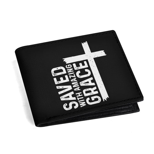Saved With Amazing Grace Mens Minimalist PU Leather Christian Wallet