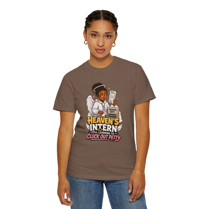 Heaven's Intern T-shirt – Funny Angel Nurse Tee ('Still Learning to Clock Out Petty') - ClaimedbyGodDesigns