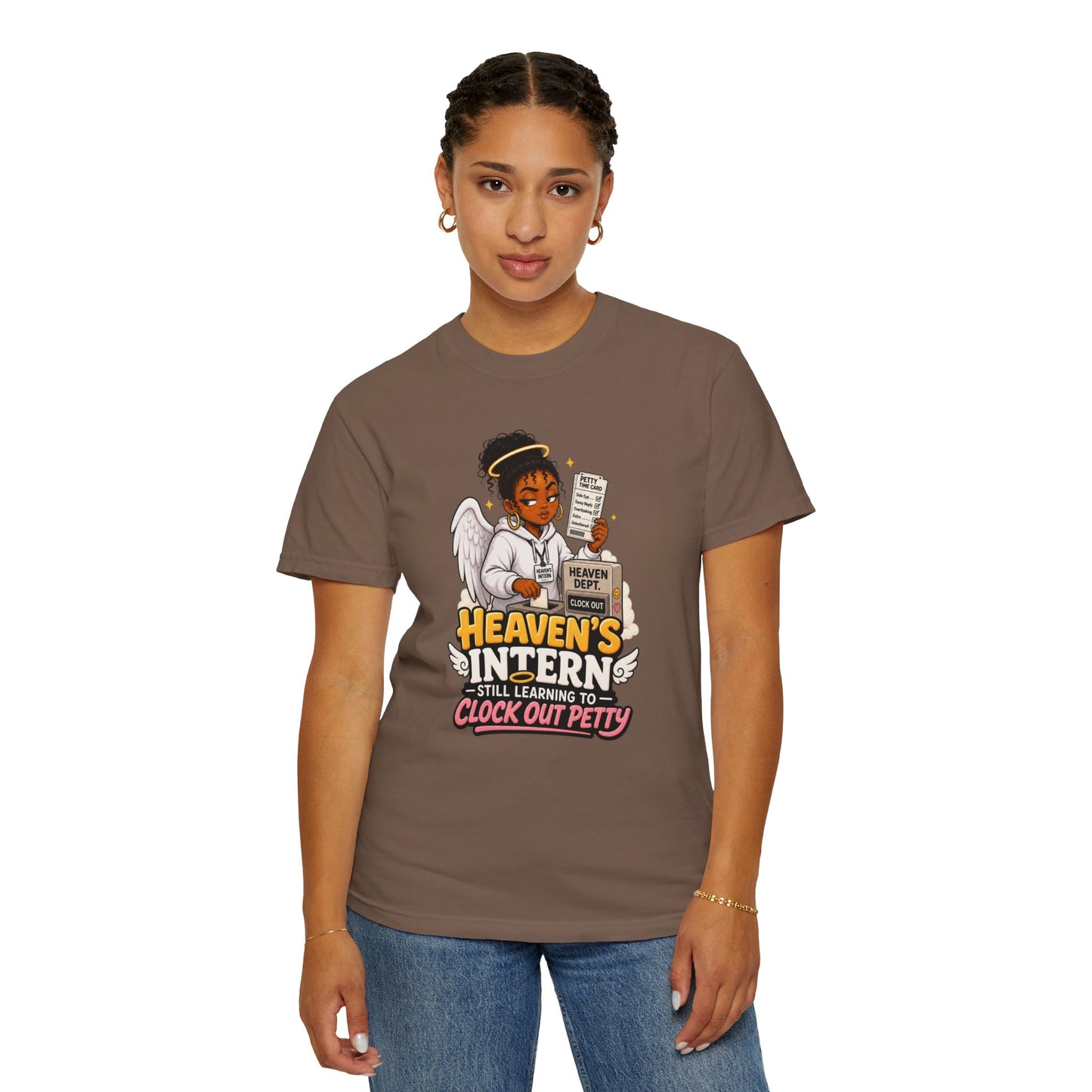 Heaven's Intern T-shirt – Funny Angel Nurse Tee ('Still Learning to Clock Out Petty')