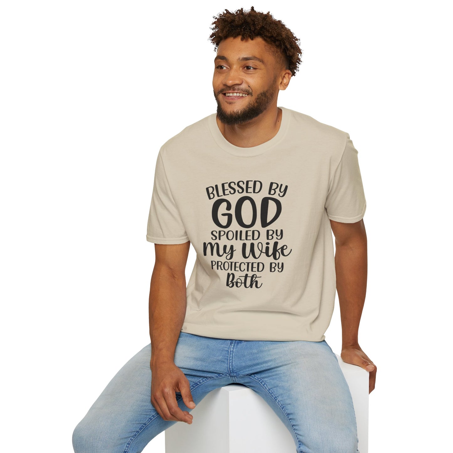 Blessed By God Spoiled By My Wife Protected By Both Men's Christian T-shirt Printify