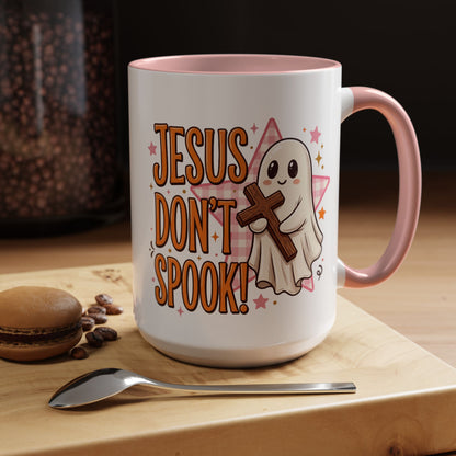 Accent Coffee Mug — "Jesus Don't Spook!" Cute Ghost Christian Coffee Mug (11/15oz)