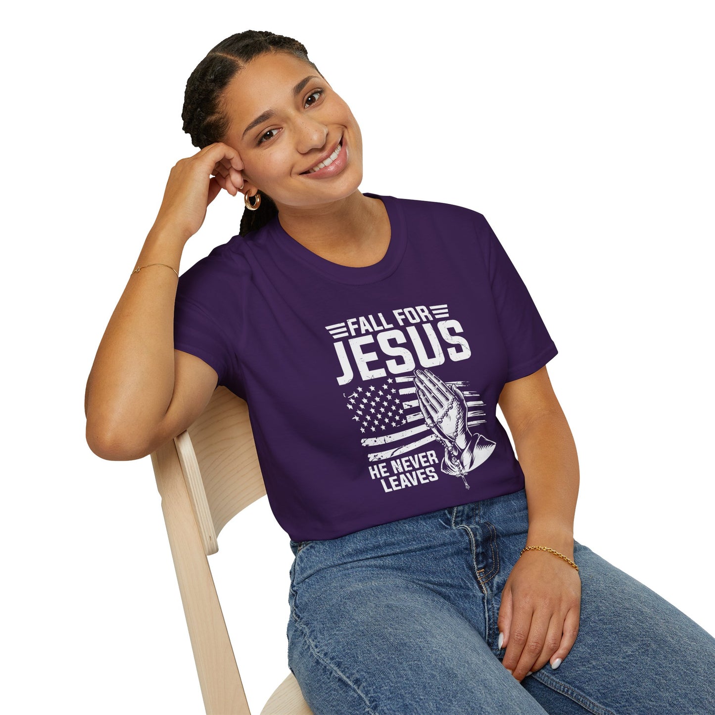 Fall For Jesus He Never Leaves American Patriotic Christian Unisex T-shirt