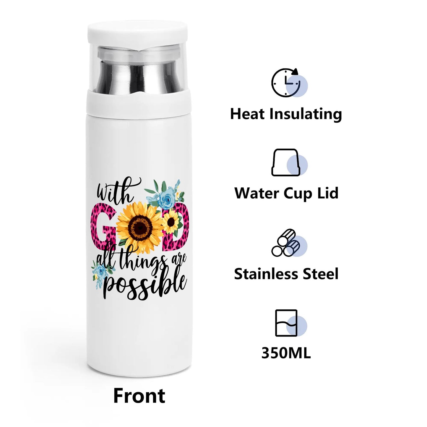 With God All Things Are Possible Christian Vacuum water Bottle with Cup