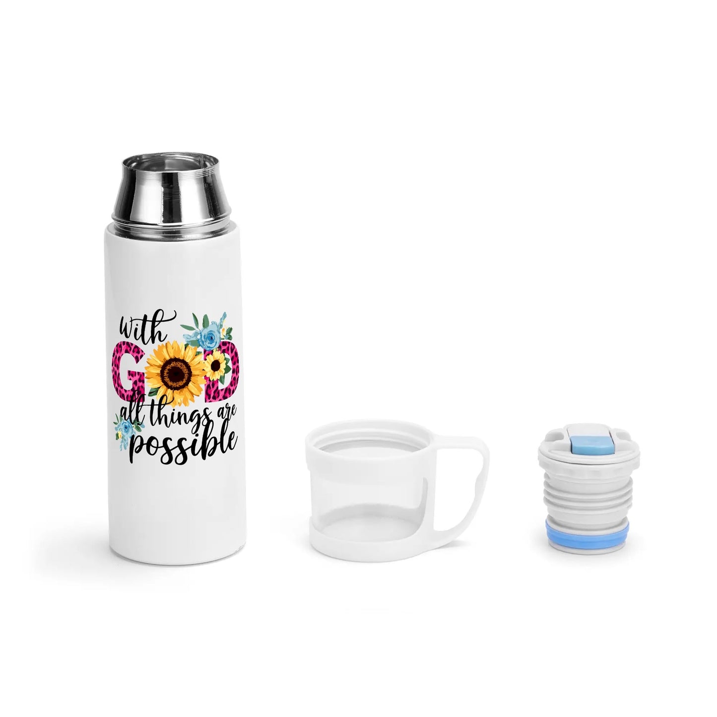 With God All Things Are Possible Christian Vacuum water Bottle with Cup