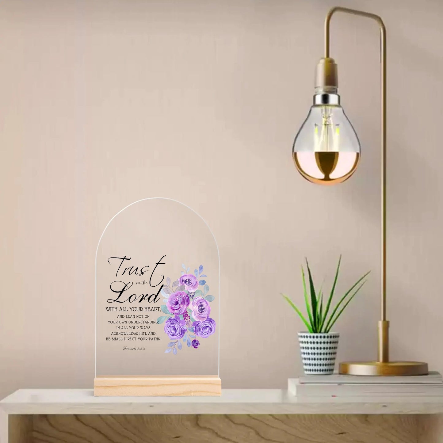 Proverbs 3:5-6 Trust In The Lord With All Your Heart Christian Lightweight Acrylic Night Light Sign Table with Wood Stand Christian Gift Idea