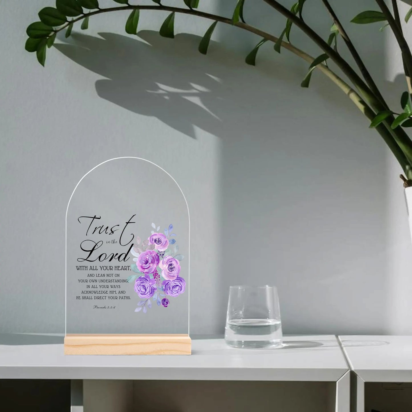 Proverbs 3:5-6 Trust In The Lord With All Your Heart Christian Lightweight Acrylic Night Light Sign Table with Wood Stand Christian Gift Idea