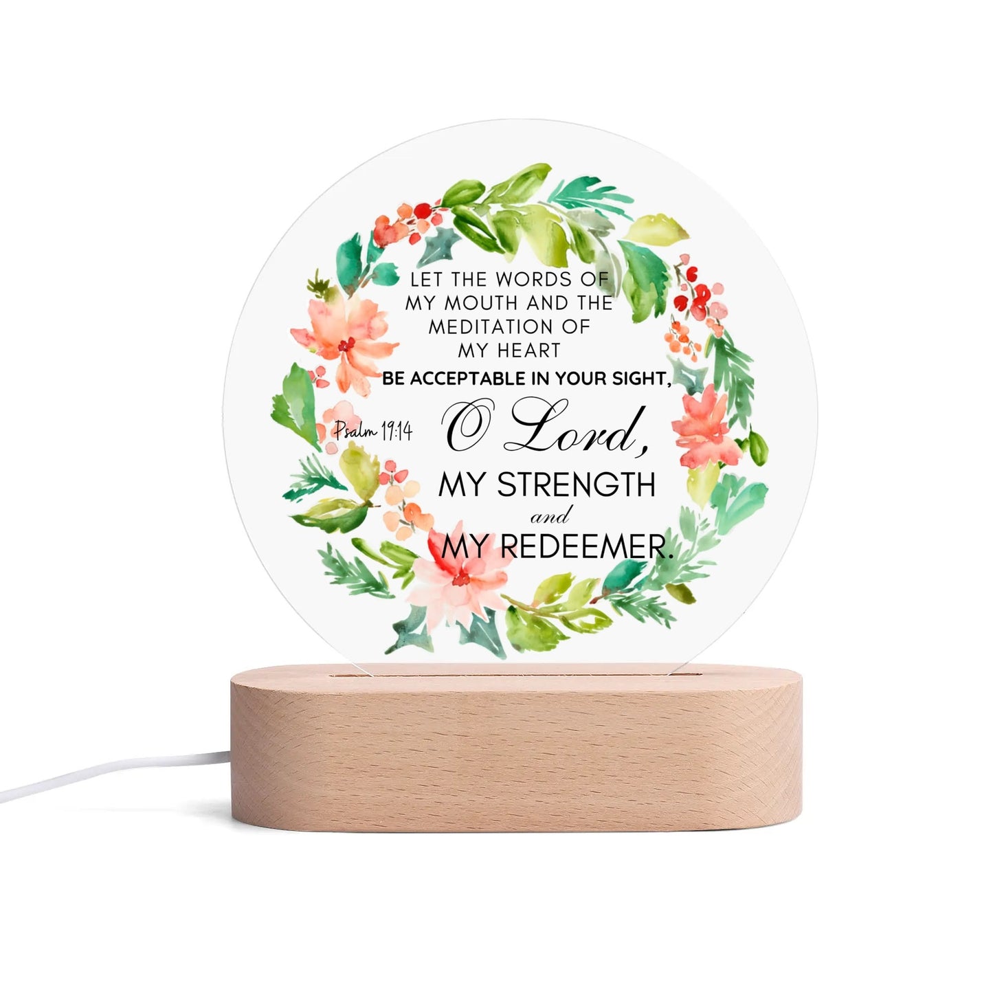 Psalm 19:14 O Lord My Strength And My Redeemer Christian Acrylic Round Lamp Night Light Christian Gift Idea