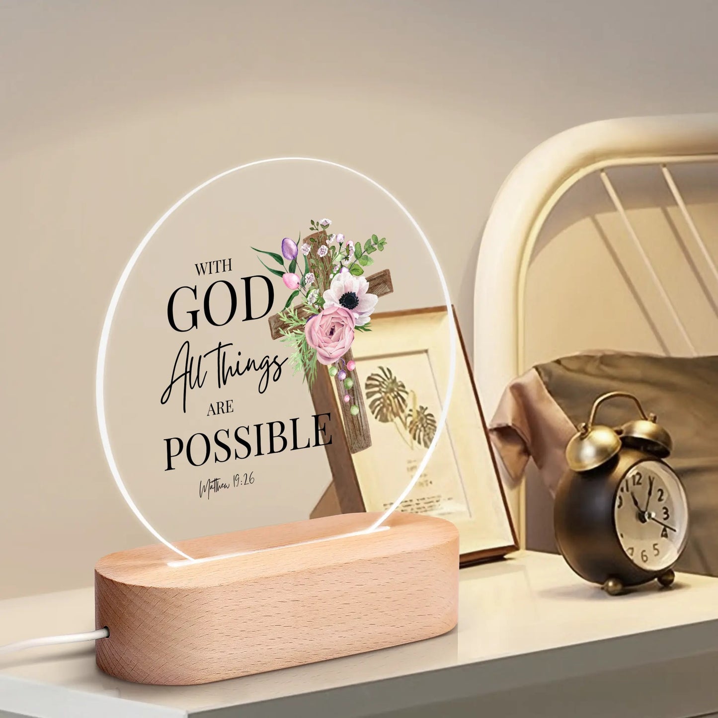 Matthew 19:26 With God All Things Are Possible Christian Acrylic Round Lamp Night Light Christian Gift Idea