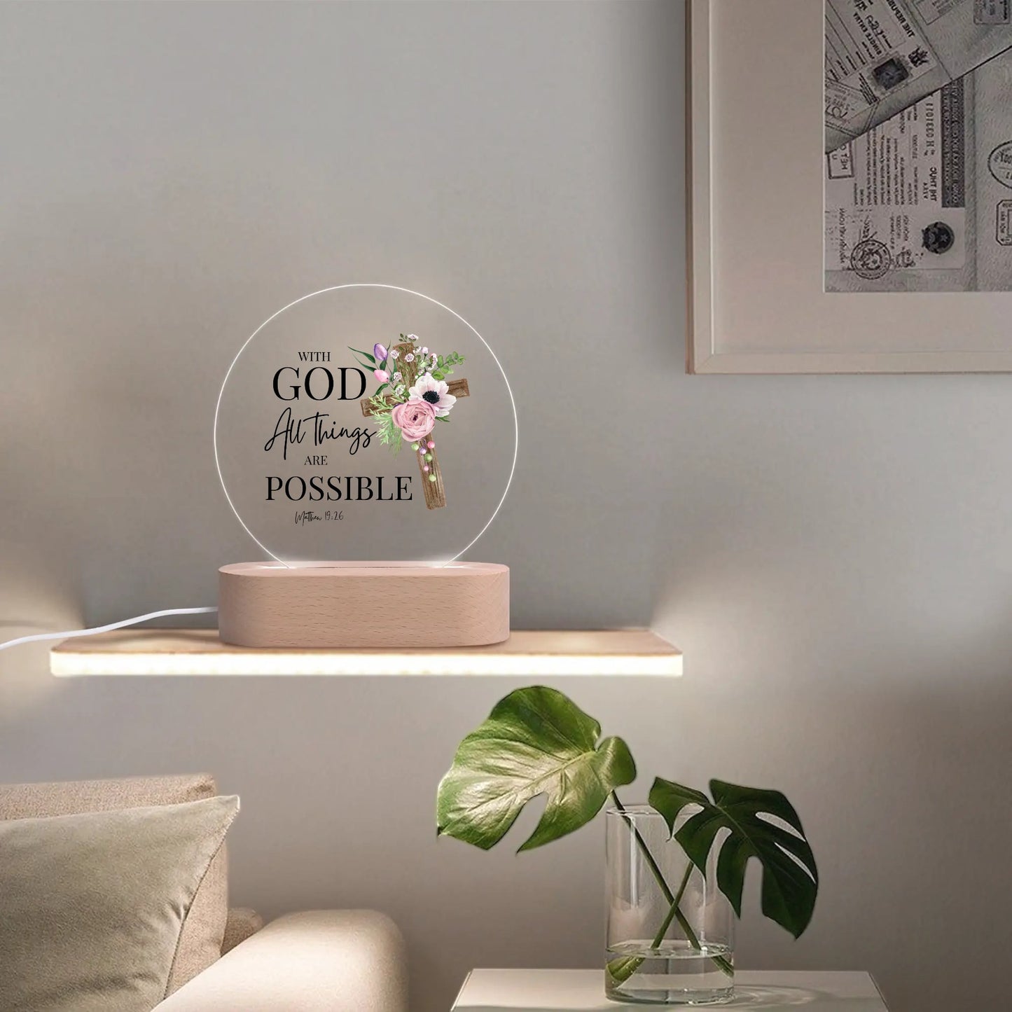 Matthew 19:26 With God All Things Are Possible Christian Acrylic Round Lamp Night Light Christian Gift Idea