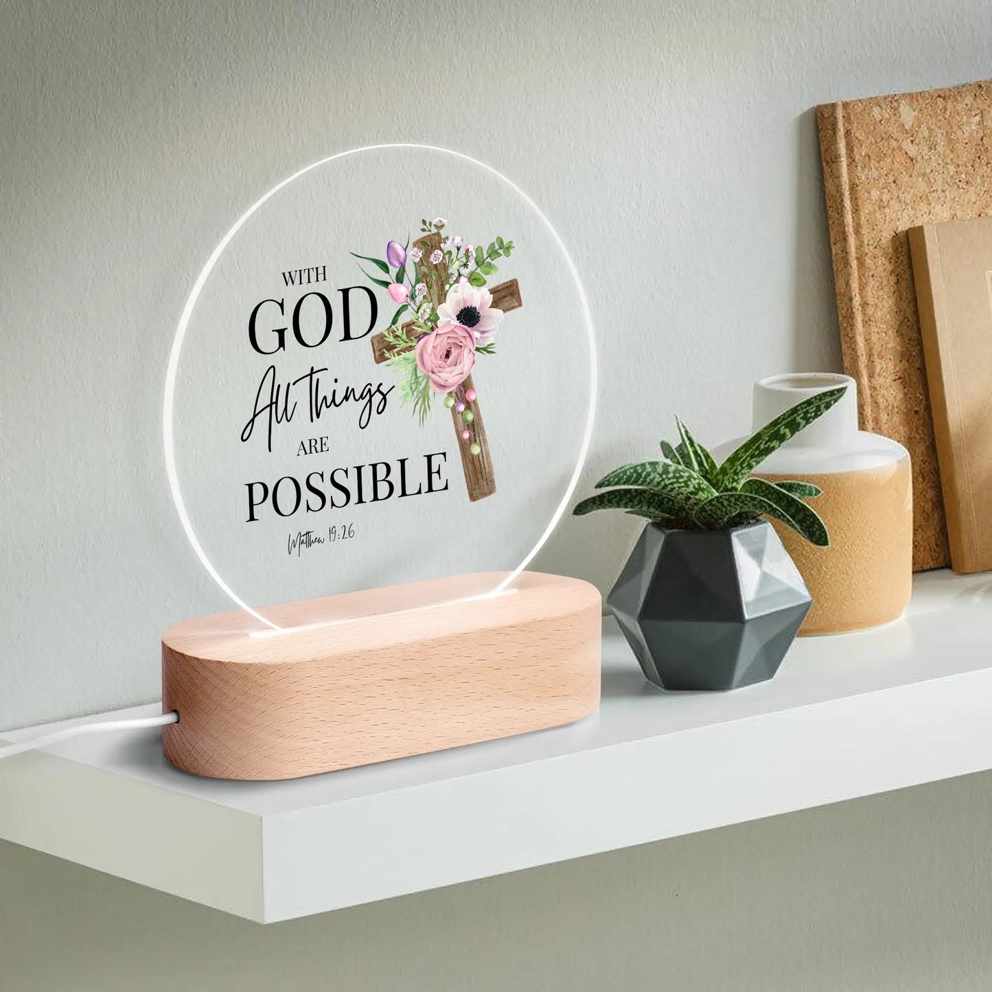 Matthew 19:26 With God All Things Are Possible Christian Acrylic Round Lamp Night Light Christian Gift Idea