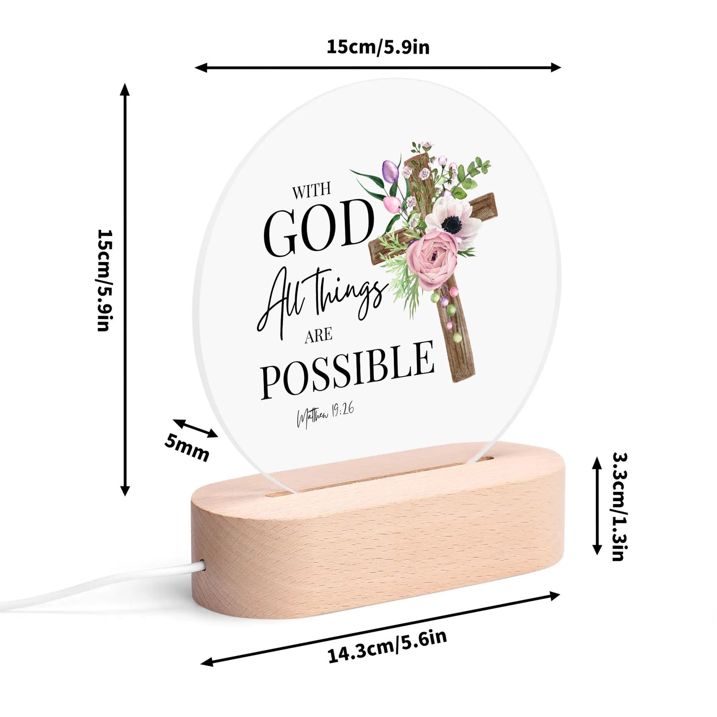 Matthew 19:26 With God All Things Are Possible Christian Acrylic Round Lamp Night Light Christian Gift Idea