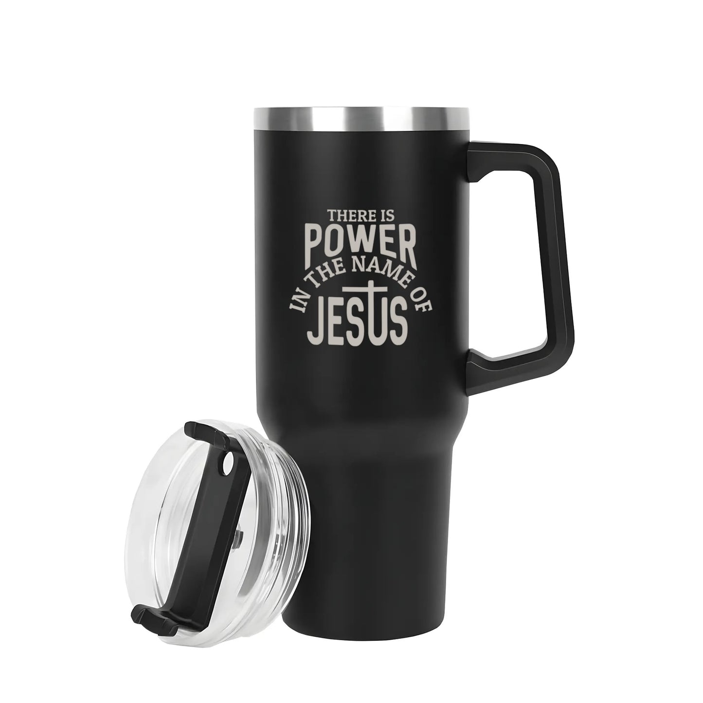 There Is Power In The Name Of Jesus 40oz Stainless Steel Christian Tumbler Travel Mug with Handle and Straw for Cup Holder