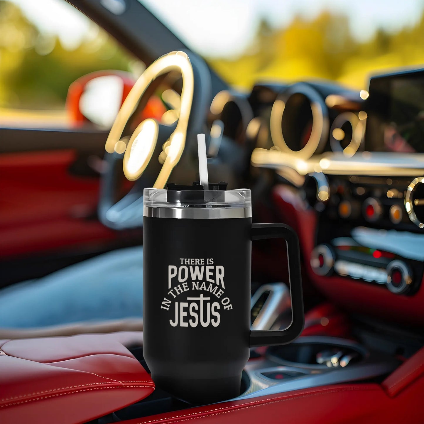 There Is Power In The Name Of Jesus 40oz Stainless Steel Christian Tumbler Travel Mug with Handle and Straw for Cup Holder