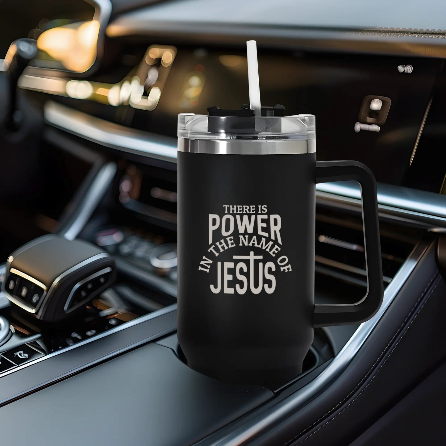 There Is Power In The Name Of Jesus 40oz Stainless Steel Christian Tumbler Travel Mug with Handle and Straw for Cup Holder