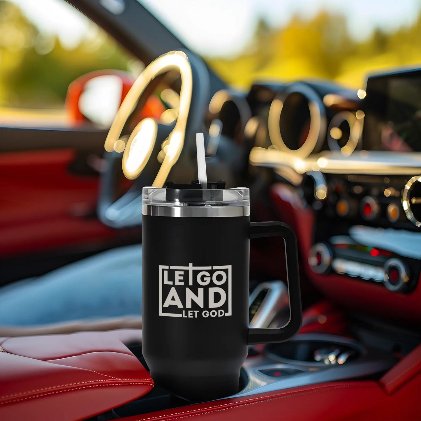 Let Go And Let God 40oz Stainless Steel Christian Tumbler Travel Mug with Handle and Straw for Cup Holder