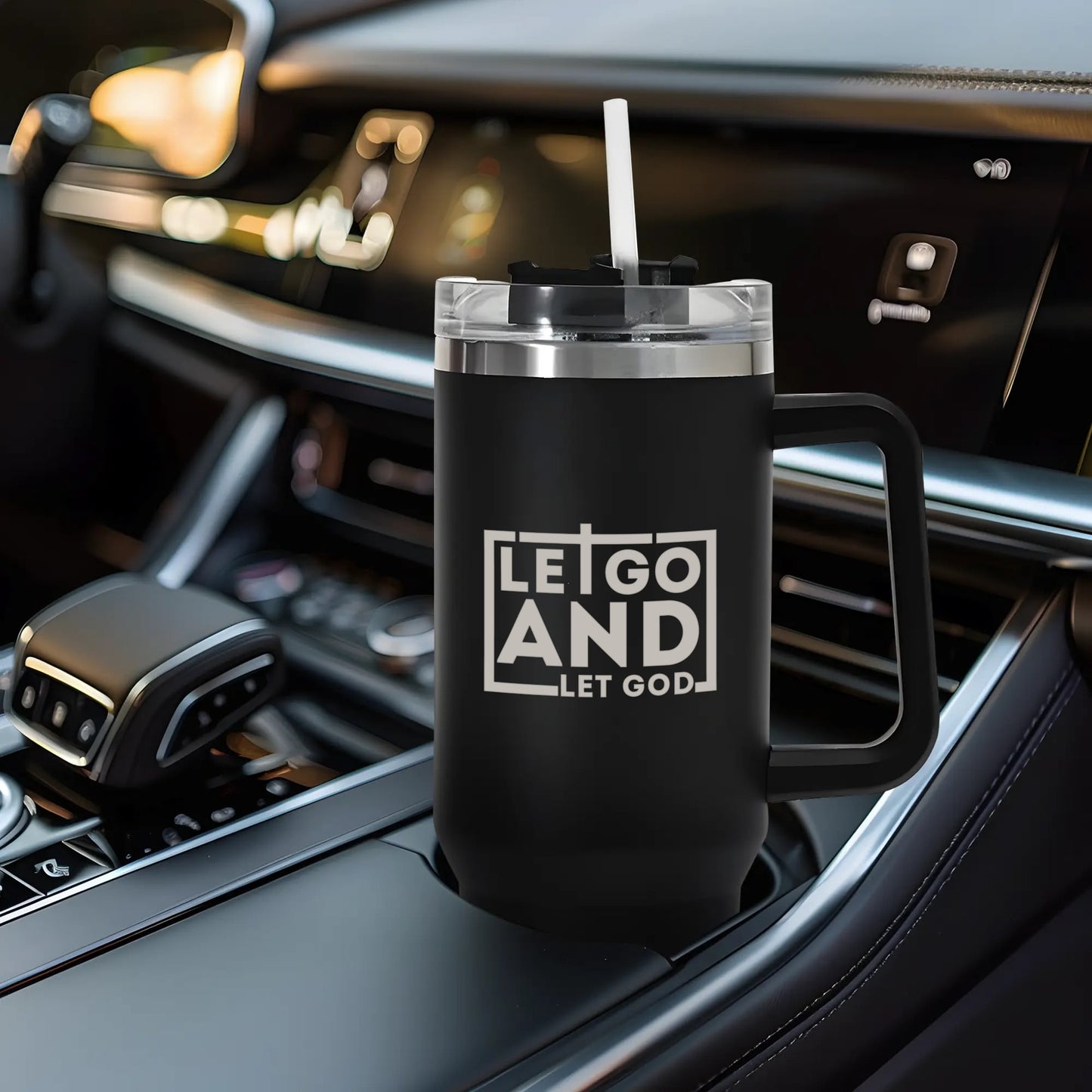 Let Go And Let God 40oz Stainless Steel Christian Tumbler Travel Mug with Handle and Straw for Cup Holder