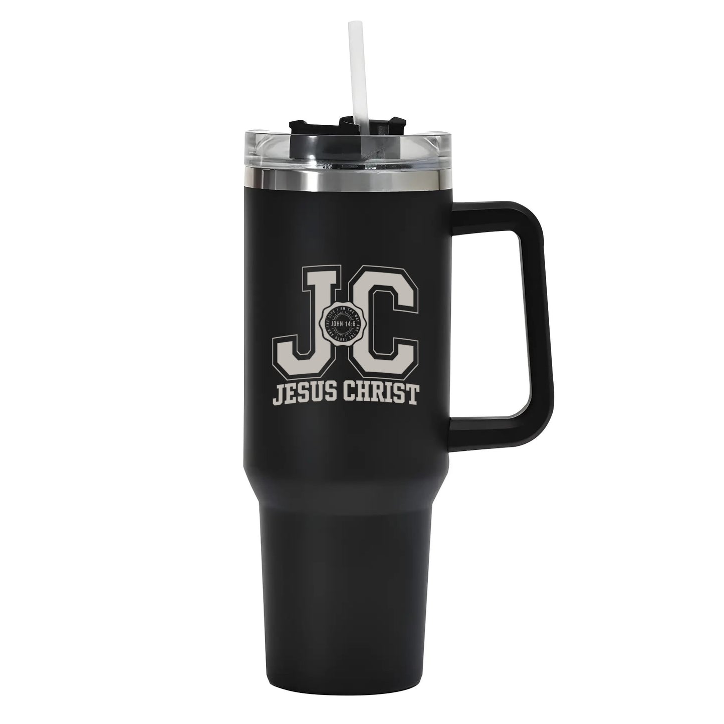 JC Jesus Christ 40oz Stainless Steel Christian Tumbler Travel Mug with Handle and Straw for Cup Holder