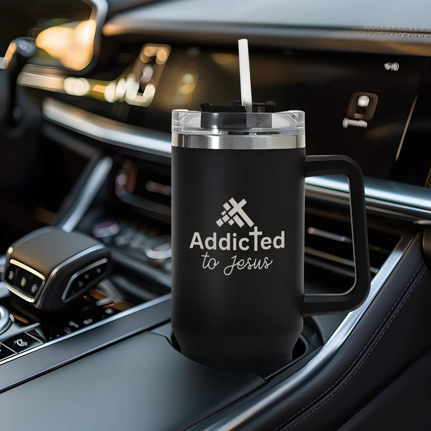 Addicted To Jesus 40oz Stainless Steel Christian Tumbler Travel Mug with Handle and Straw for Cup Holder