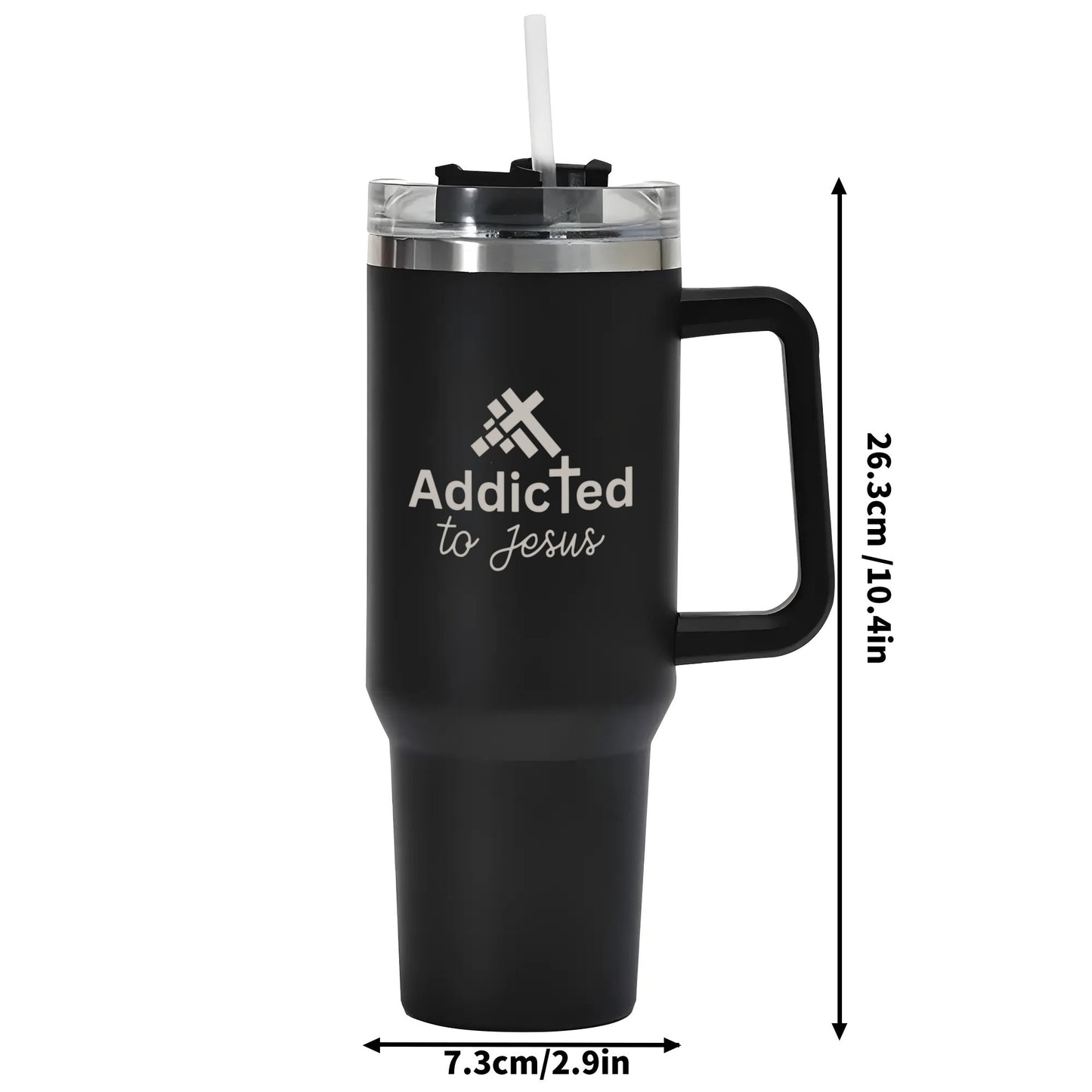 Addicted To Jesus 40oz Stainless Steel Christian Tumbler Travel Mug with Handle and Straw for Cup Holder