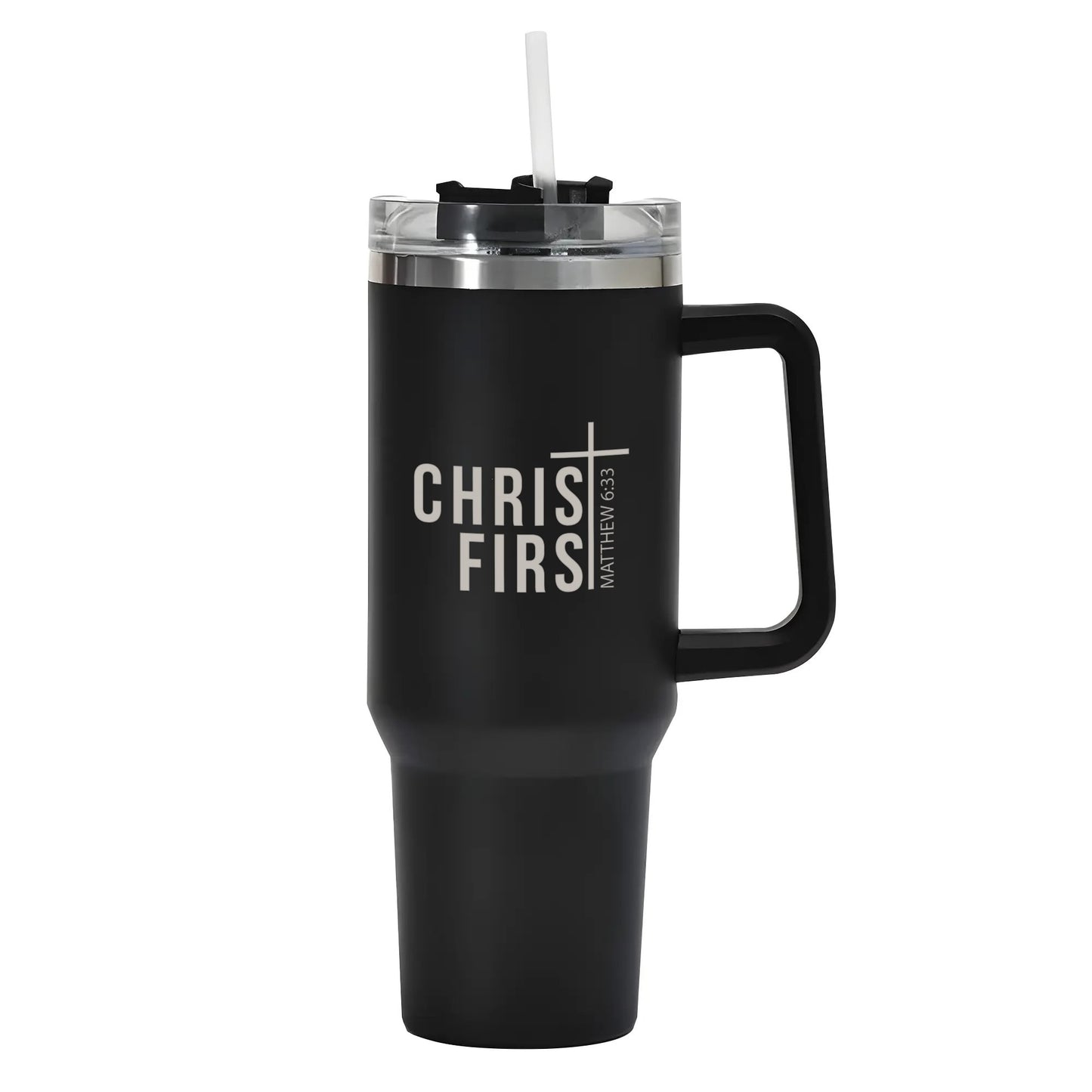 Christ First 40oz Stainless Steel Christian Tumbler Travel Mug with Handle and Straw for Cup Holder