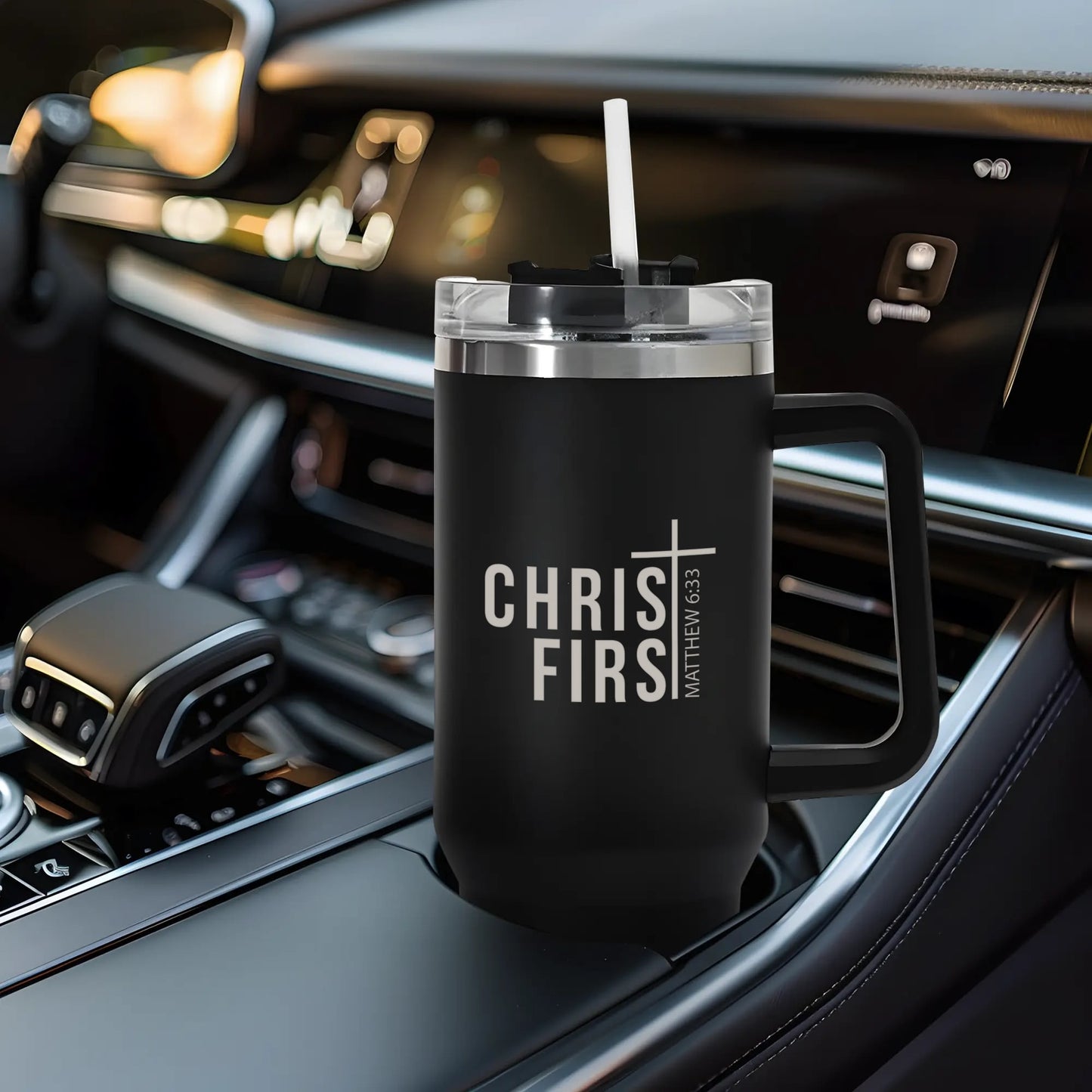 Christ First 40oz Stainless Steel Christian Tumbler Travel Mug with Handle and Straw for Cup Holder