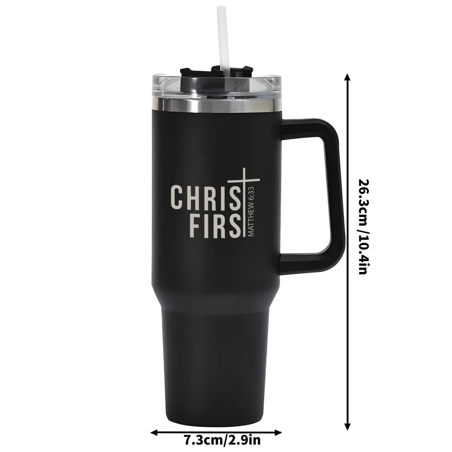 Christ First 40oz Stainless Steel Christian Tumbler Travel Mug with Handle and Straw for Cup Holder