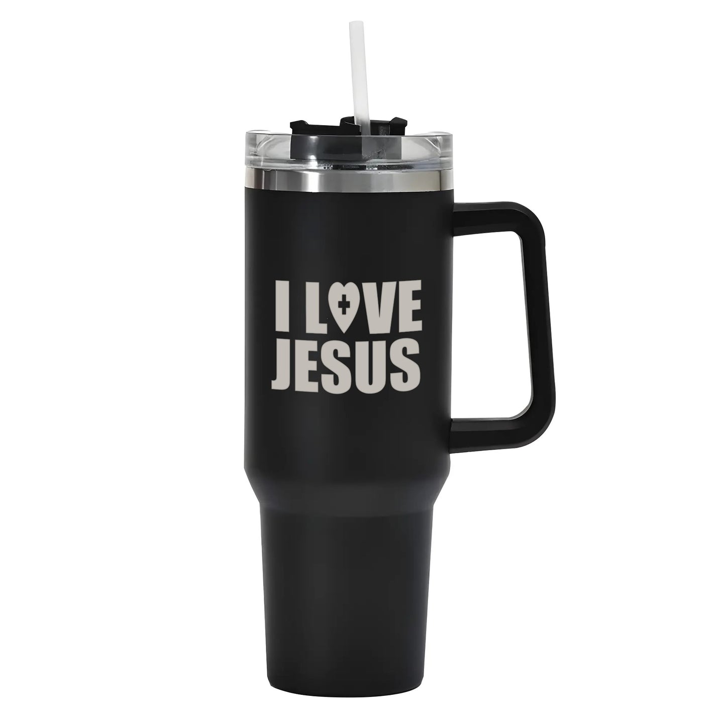 I Love Jesus 40oz Stainless Steel Christian Tumbler Travel Mug with Handle and Straw for Cup Holder