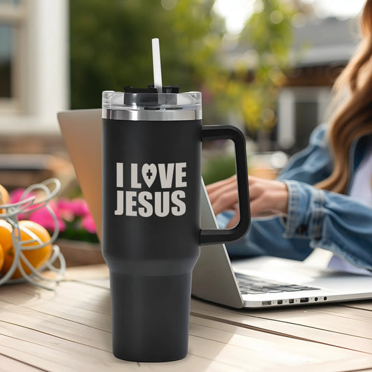 I Love Jesus 40oz Stainless Steel Christian Tumbler Travel Mug with Handle and Straw for Cup Holder